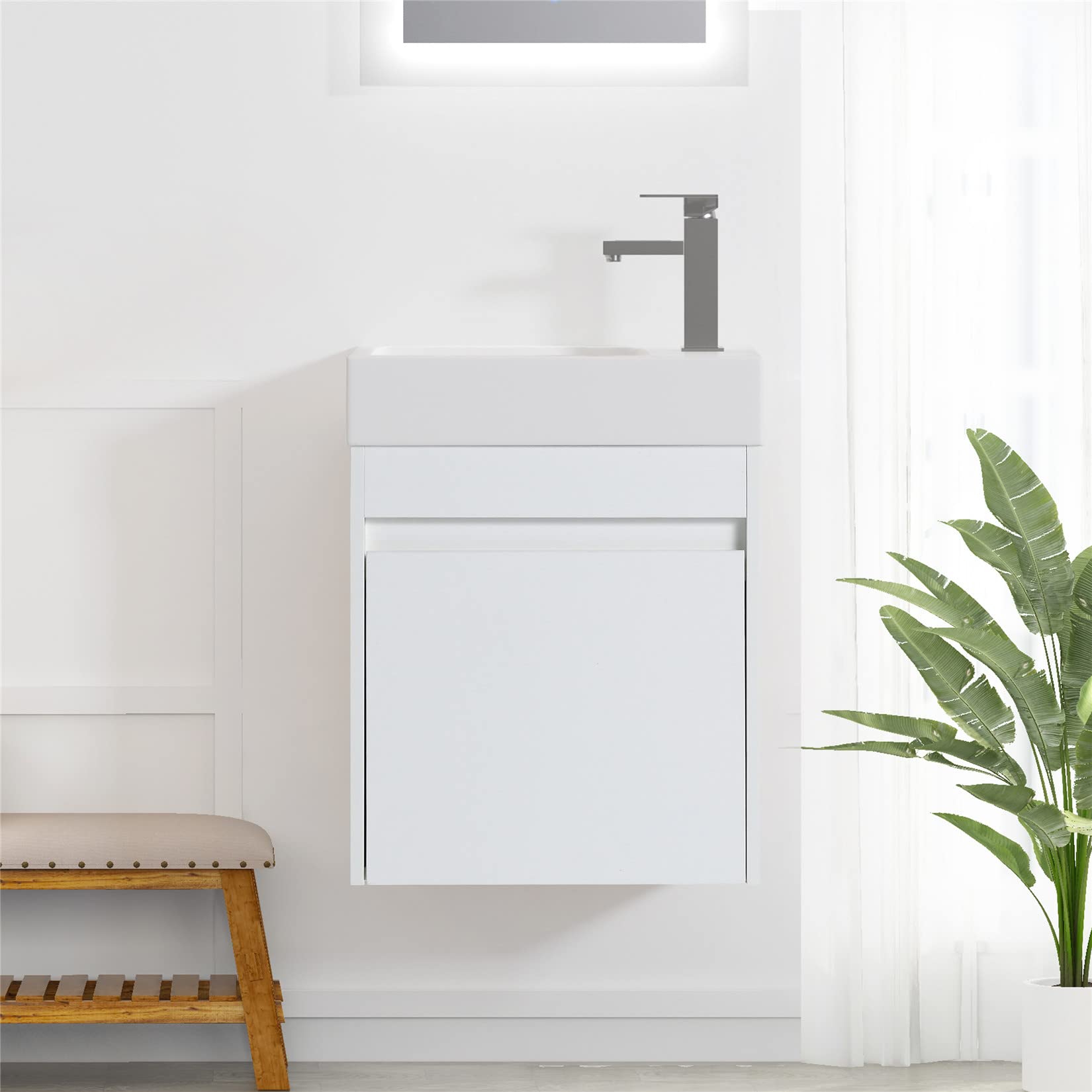 Modern 18-Inch Wall Mounted Bathroom Vanity Set with Sink & Storage Cabinet - White Wood Hanging Vanity with Resin Basin for Small Spaces | Perfect for Apartments, Powder Rooms & Compact Bathrooms
