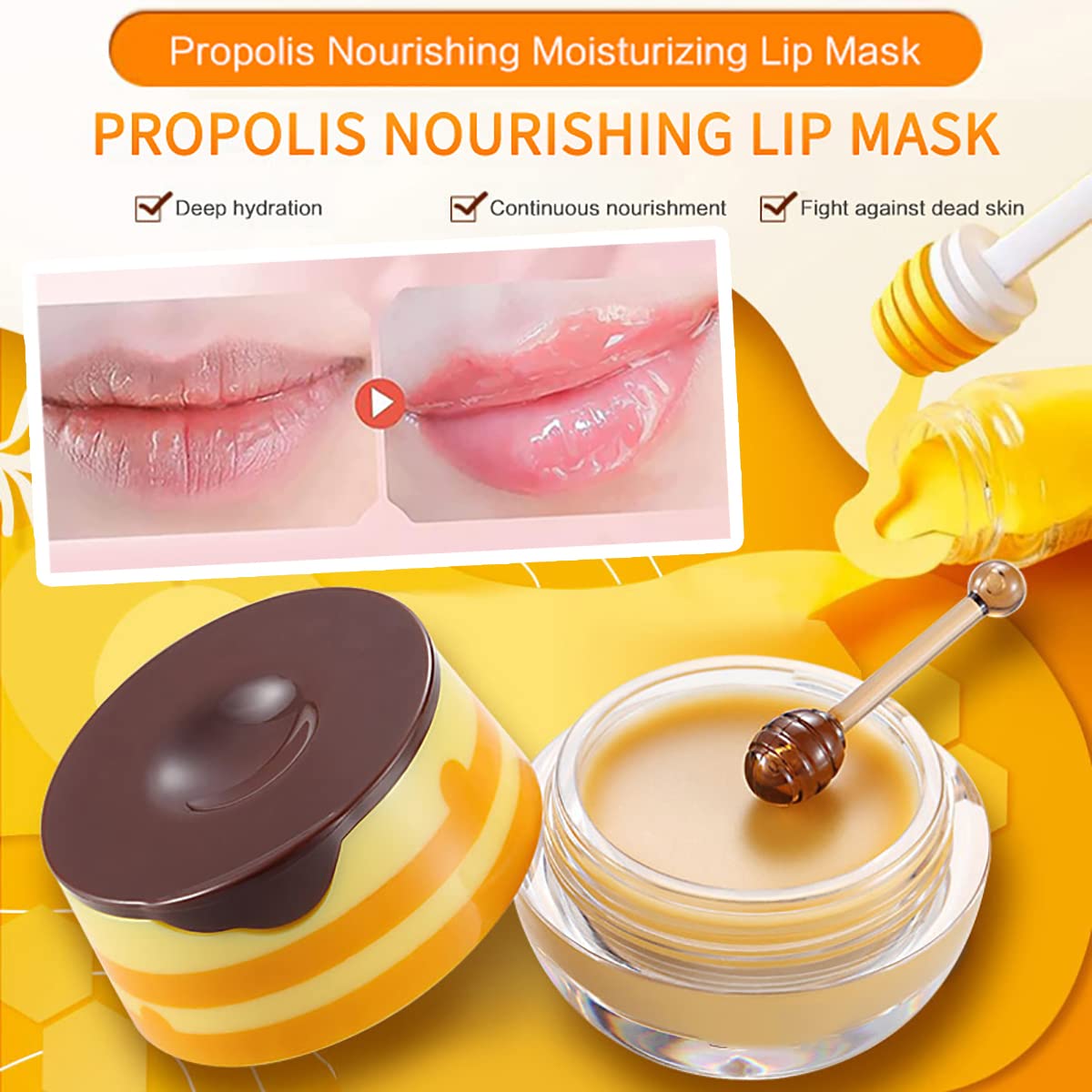 4PCS Strawberry & Bee Lip Balm Honey Pot - Vitamin E & Propolis Sleeping Lip Mask for Dry, Cracked Lips - Reduces Lip Lines & Exfoliates - Perfect for Nighttime Lip Care & Hydration