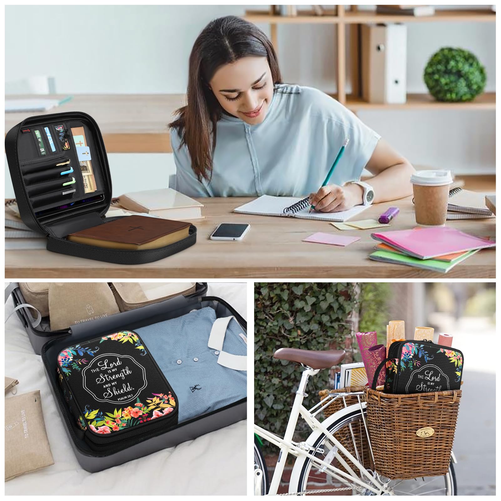 FINPAC Bible Cover with Handle & Zippered Pocket - Floral Black Protective Book Case for Church, Travel & Daily Use - Perfect Gift for Women, Men & Mother - Bible Carrying Bag for Study, Worship & Religious Events