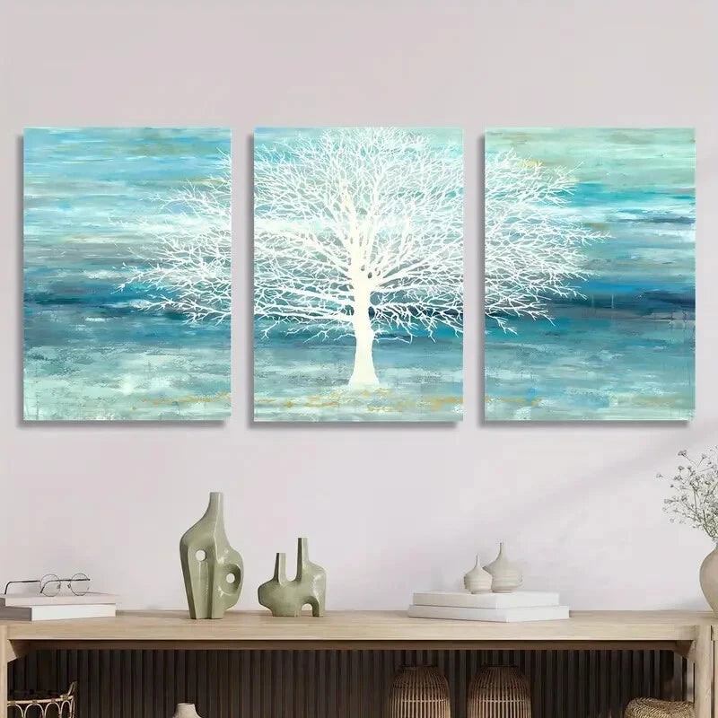 3-Piece Abstract Cyan and Blue Landscape Painting Metal Print - Ready to Hang Wall Art for Living Room, Bedroom & Office Decor