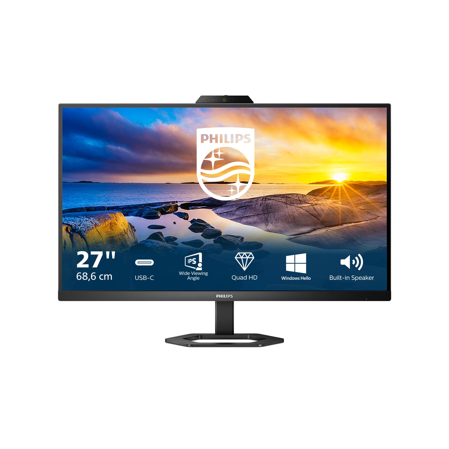 Philips 27E1N5600HE 27-inch QHD USB-C Monitor with Webcam, Height Adjustable Stand & Built-in Speakers (2560x1440, 75Hz, HDMI, DisplayPort, USB Hub) - Perfect for Home Office, Gaming & Video Conferencing