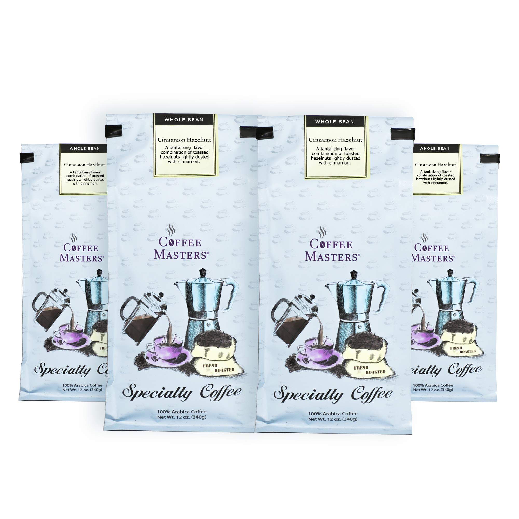 Premium Cinnamon Hazelnut Flavored Whole Bean Coffee - 12-Ounce Bags (Pack of 4) for Home Brewing, Office Use & Gifts | Coffee Masters Specialty Blend