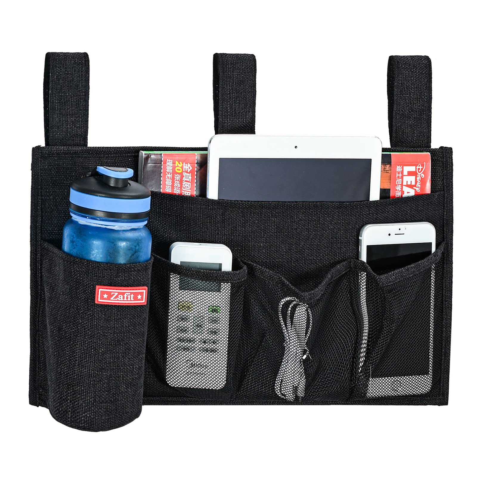 Linen Bedside Caddy with 5 Pockets - Black Bedside Storage Organizer for Hospital Beds, College Dorm Rooms & Baby Cribs | Perfect for Holding Books, Phones, Remote Controls & Essentials