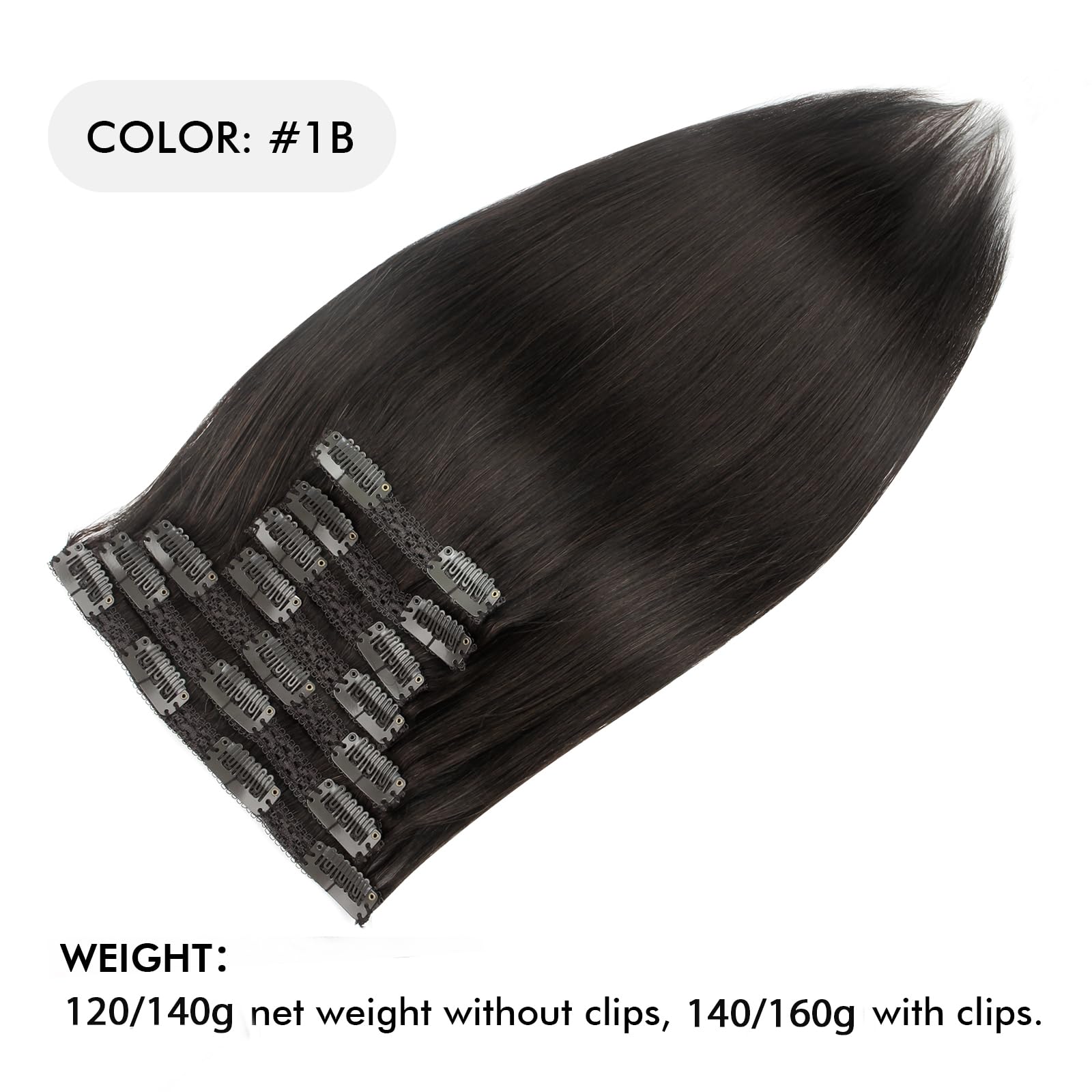 Sixstar Remy Human Hair Clip-In Extensions 18 Inch 7-Piece Set (140g, Color 1B Off Black) - Natural Looking Hair Extensions for Volume & Length - Perfect for Parties, Weddings & Daily Styling