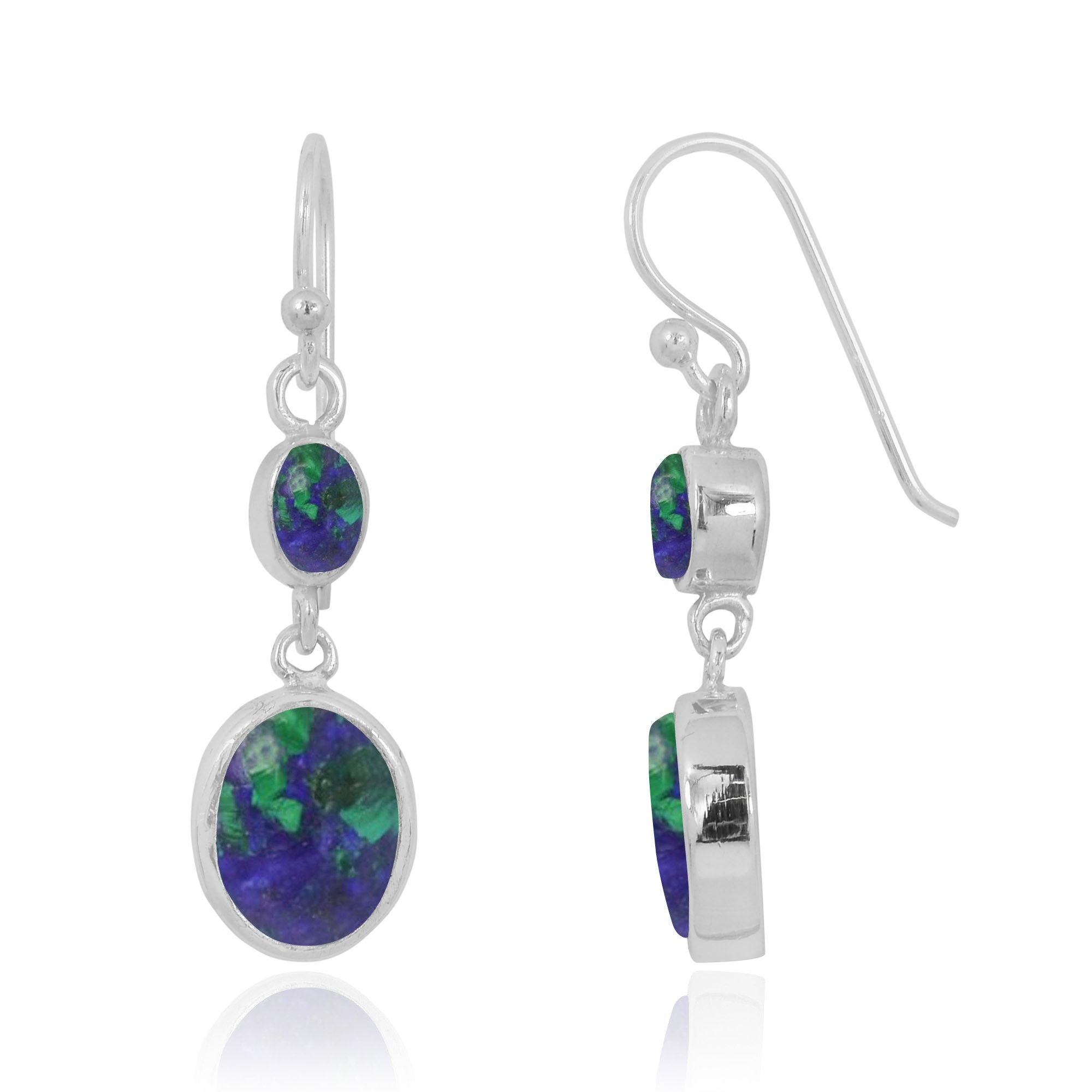 Azurite Malachite Oxidized Silver Drop Earrings - 1 Oval Gemstone for Women | Elegant Bohemian Jewelry for Parties & Special Occasions
