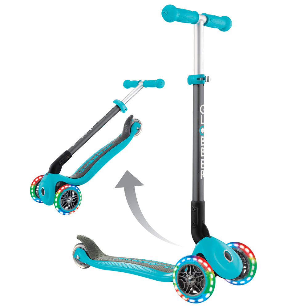 Globber 3 Wheel Primo Foldable LED Light Up Scooter for Kids - Adjustable Handlebar, Smooth Ride for Boys & Girls - Perfect for Commuting, School, Park & Outdoor Fun