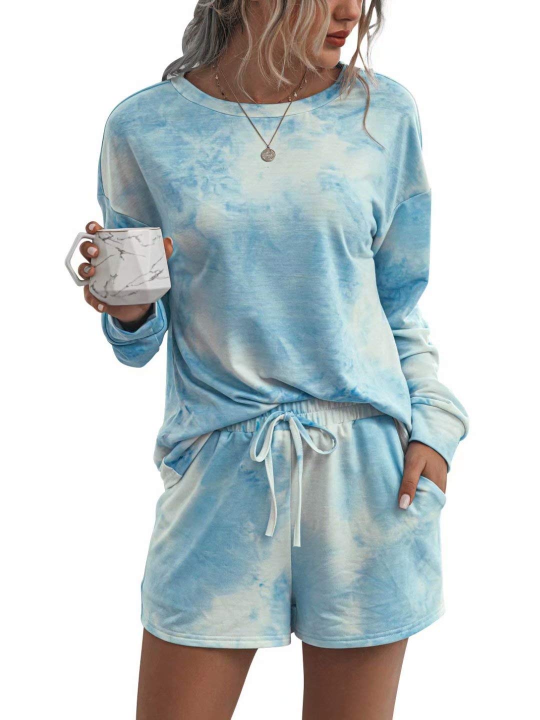 TSMNZMU Women's Tie-Dye Pajama Set - 2-Piece Long Sleeve Pullover Top & Pants with Pockets | Soft Sleepwear for Lounge, Travel & Home Comfort