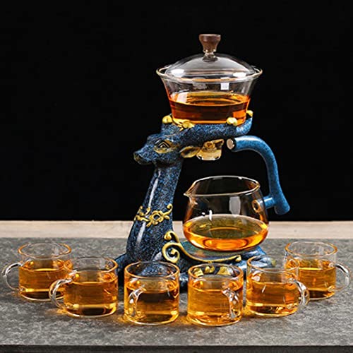 Premium Chinese Gongfu Tea Set - Creative Elk Shape Automatic Glass Teapot with Infuser & Cups | Heat-Resistant Pu'er & Oolong Tea Brewing Set with Wooden Base | Perfect for Home Tea Ceremony, Office Use & Gift Giving