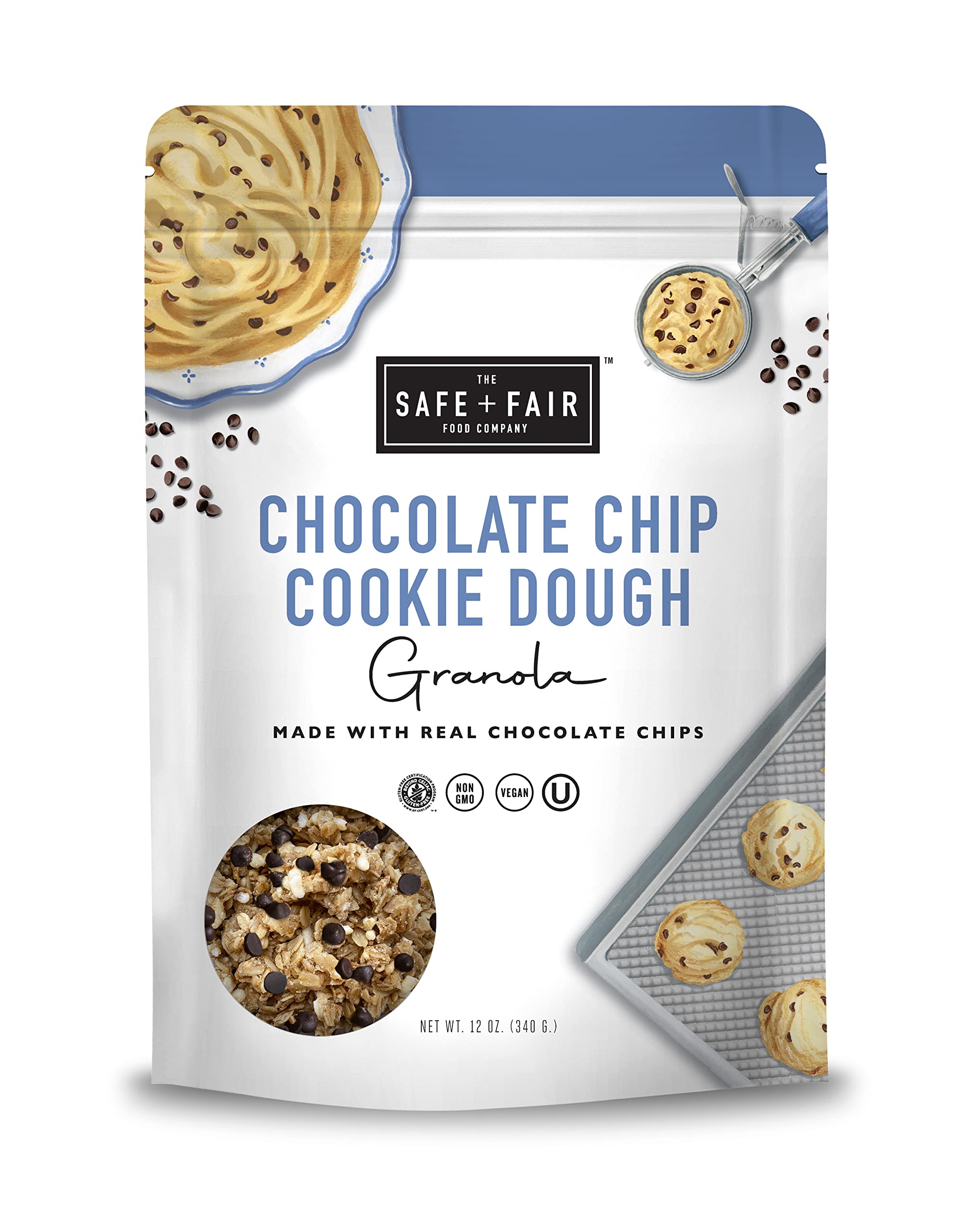 Safe + Fair Chocolate Chip Cookie Dough Granola – Gluten-Free, Dairy-Free & Vegan Snack – Allergen-Free, Non-GMO, No Artificial Ingredients – 12oz Pack – Perfect for Breakfast, Hiking & Office Snacks