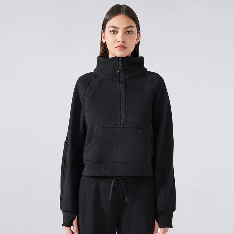 Women's Autumn Half-Zip Fleece Hoodie - Warm Stand Collar Pullover for Outdoor Sports & Casual Wear | Cozy Fall Layering Essential for Hiking, Running & Everyday Comfort