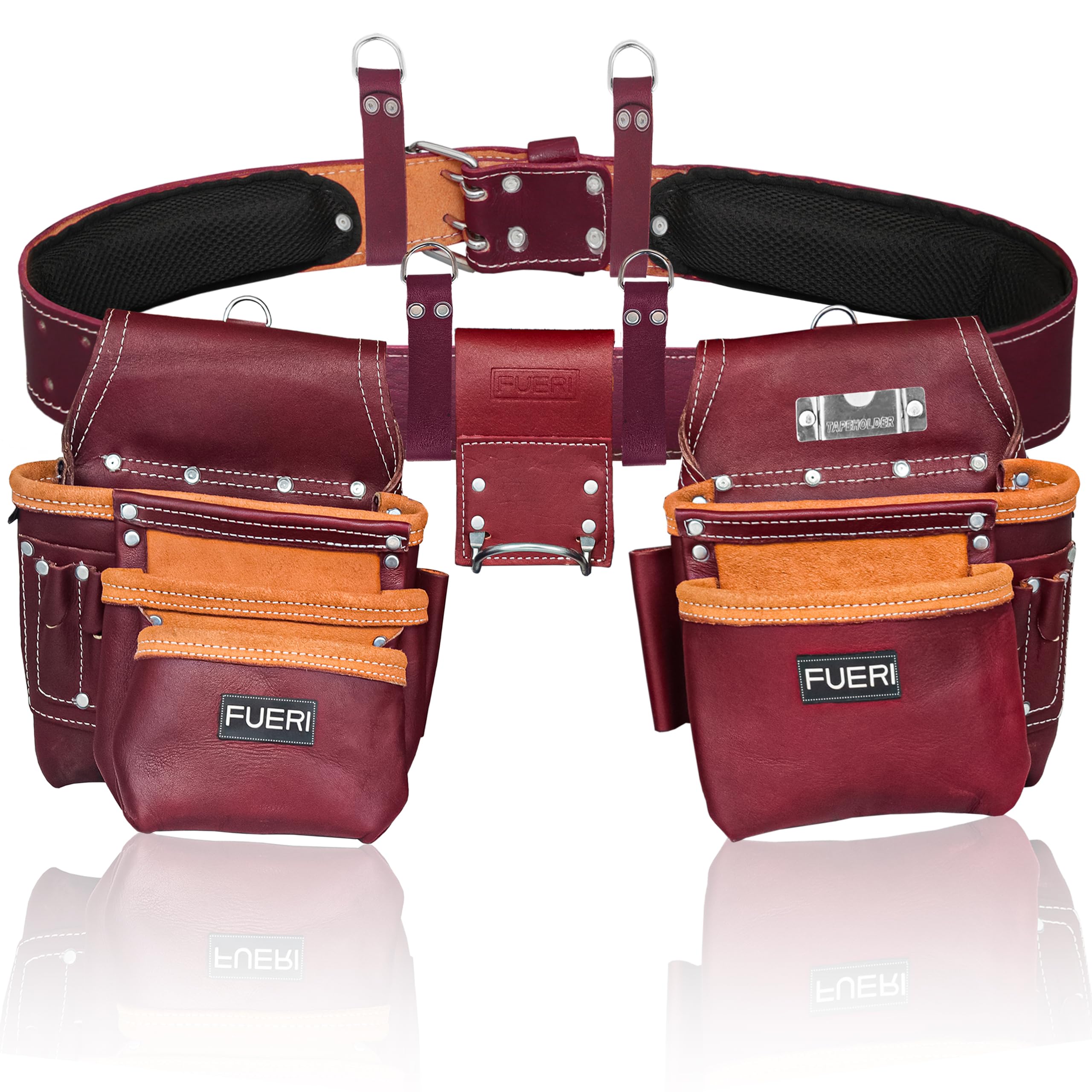 FUERI Heavy Duty Leather Tool Belt Bag for Men & Women - 17 Pocket Carpenter Electrician Construction Pouch Organizer | Durable Work Belt Holder for DIY, Home Renovation & Professional Job Sites