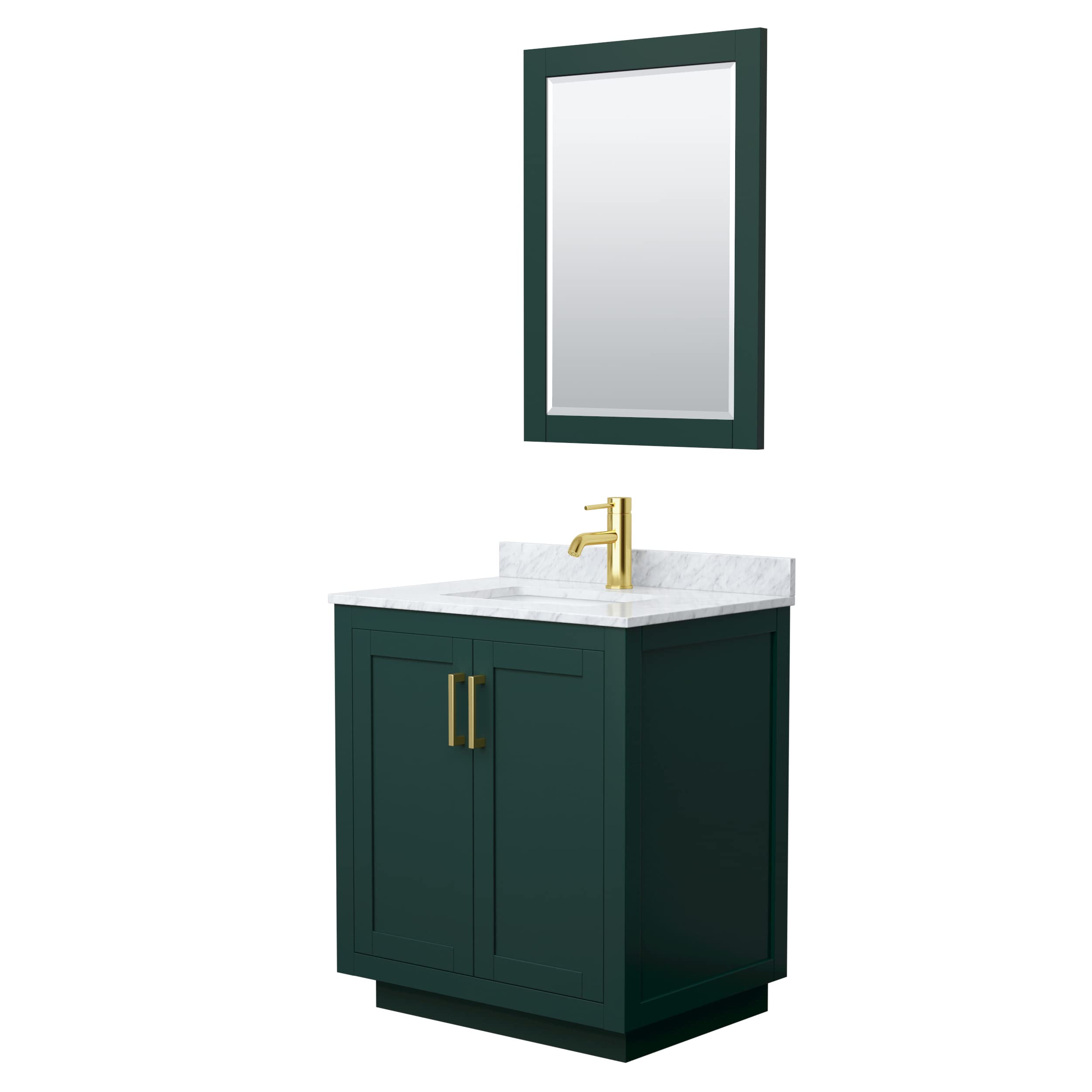Wyndham Collection Miranda 30 Inch Green Bathroom Vanity with White Carrara Marble Countertop, Undermount Square Sink & Brushed Gold Trim - Includes 24 Inch Mirror | Modern Bathroom Upgrade for Small Spaces & Apartments