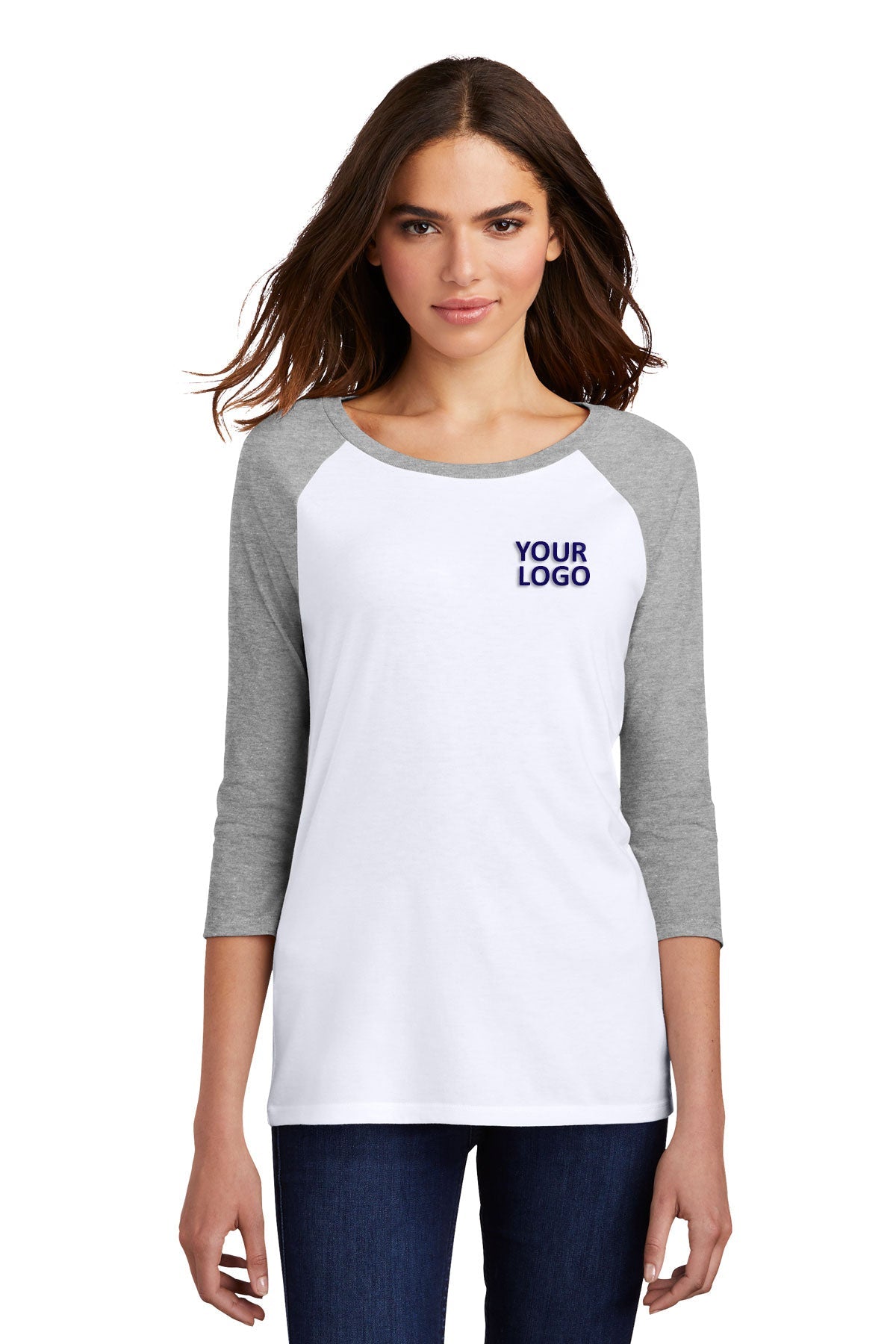 District Made Women's Perfect Tri 3/4 Sleeve T-Shirt - Grey Frost/White - Casual Comfort Top for Everyday Wear, Work & Weekend Outings