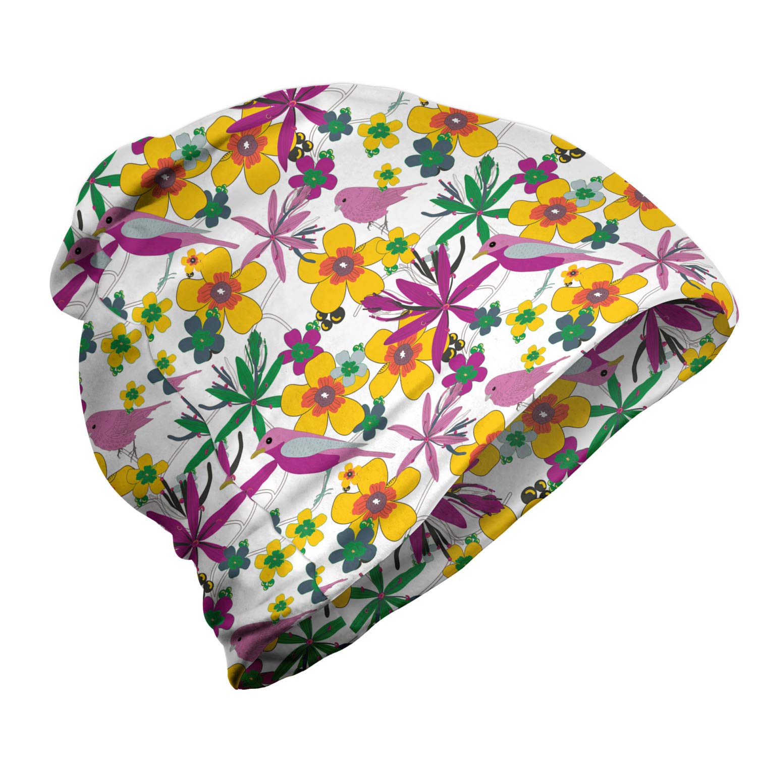 Ambesonne Unisex Beanie Hat - Pointed Flowers & Bird Leaves Design - Warm Winter Knit Cap for Men & Women - Perfect for Hiking, Outdoor Activities & Cold Weather Fashion