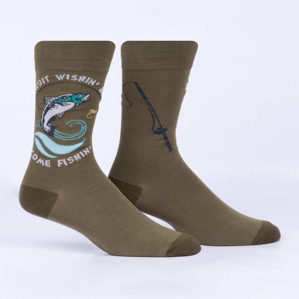 Sock It To Me Quit Wishin' & Come Fishin' Men's Crew Socks - Fun Fishing-Themed Casual Socks for Outdoor Enthusiasts & Gift Ideas