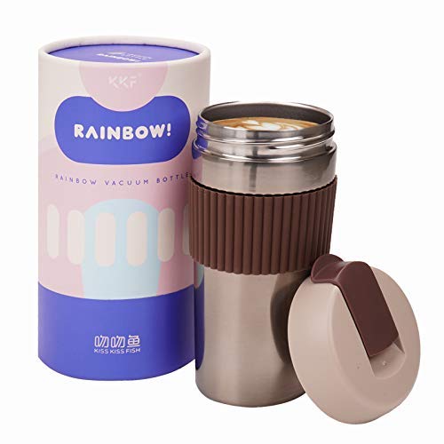 KKF 16oz Stainless Steel Vacuum Insulated Tumbler with Flip Lid - Double Wall Leak Proof Travel Mug, Wide Mouth Coffee Cup for Hot & Cold Drinks (Brown) - Perfect for Office, Gym, Camping and Car Commute