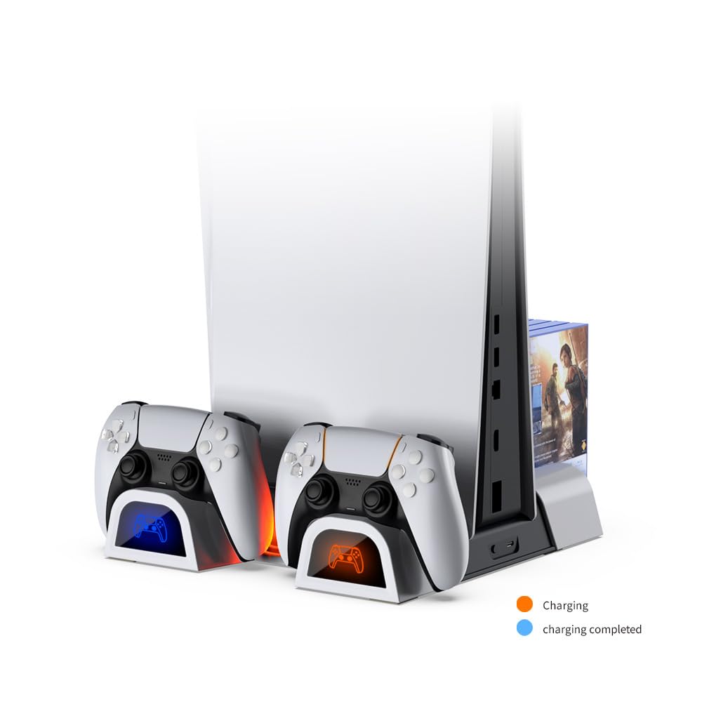 PS5/PS5 Slim Universal Cooling Stand with Dual Controller Charger - 3-Speed Cooling Fan, 10 Game Disc Storage & Media Remote Holder - Perfect for PS5 Gaming Setup & Entertainment Center Organization
