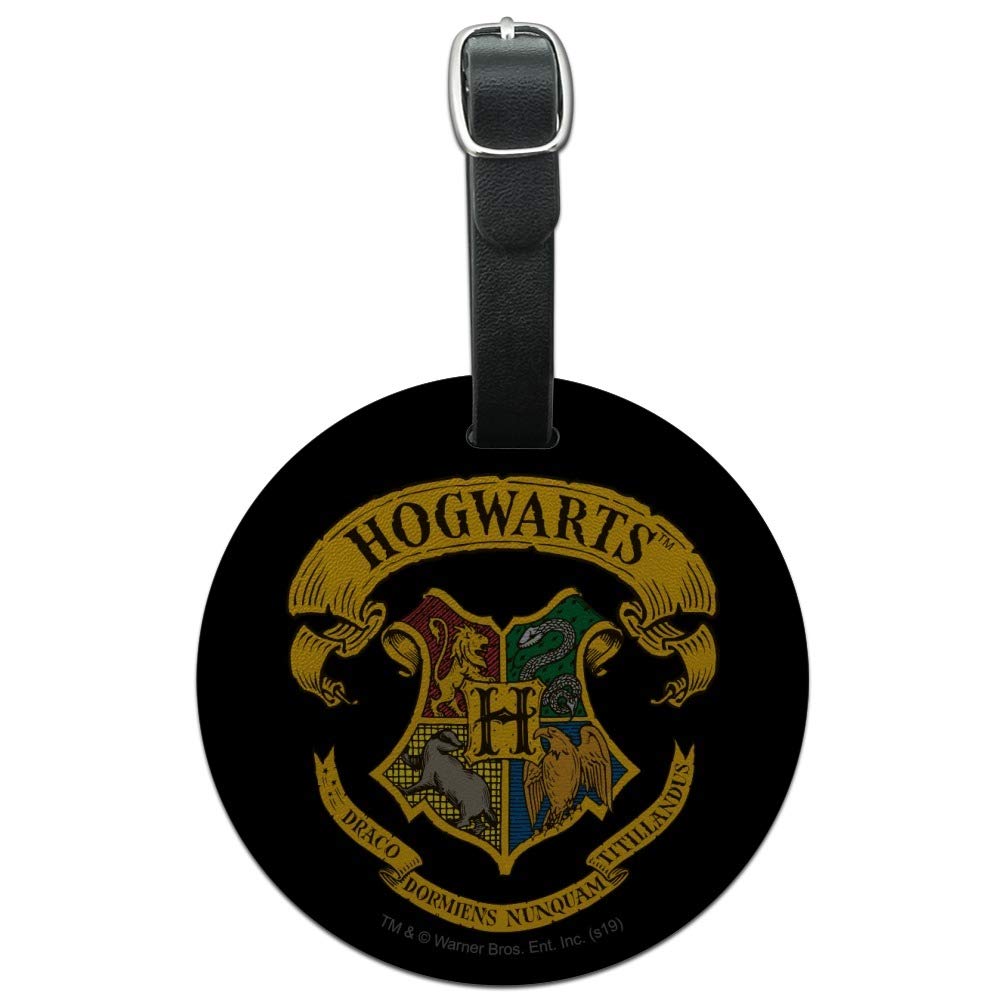 Harry Potter Illustrated Hogwarts Crest Round Leather Luggage Tag - Vintage Style ID Card Holder for Travel Bags, Suitcases & Backpacks - Perfect for Potterhead Fans & Wizarding World Collectors