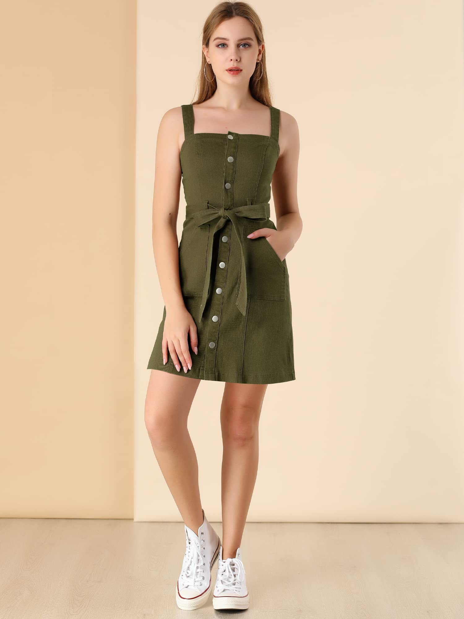 Allegra K Women's Classic Denim Pinafore Dress with Adjustable Straps - Casual Jean Overalls for Everyday Wear, Outings & Spring Fashion