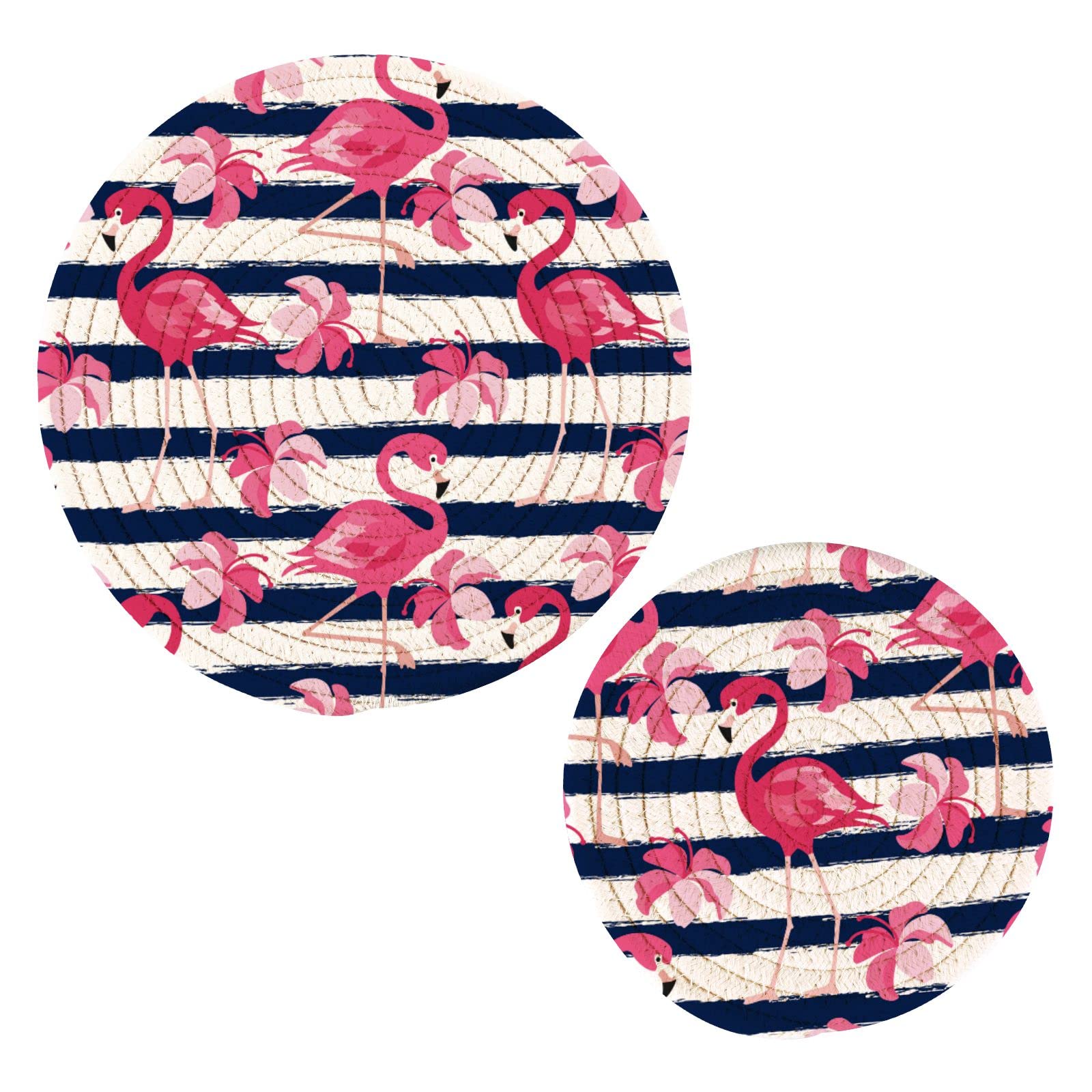 Vintage Pink Flamingos Heat Resistant Pot Holders & Trivets Set of 2 - Dark Blue Stripes Cotton Woven Hot Pads for Pans, Bowls & Teapots - Perfect for Kitchen Decor & Protecting Countertops from Hot Dishes
