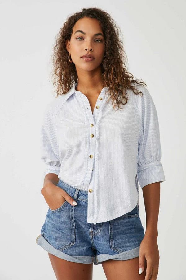 Free People Women's Ellie Stripe Top - Blue Combo Striped Casual Blouse for Summer, Beach & Boho Style Outfits
