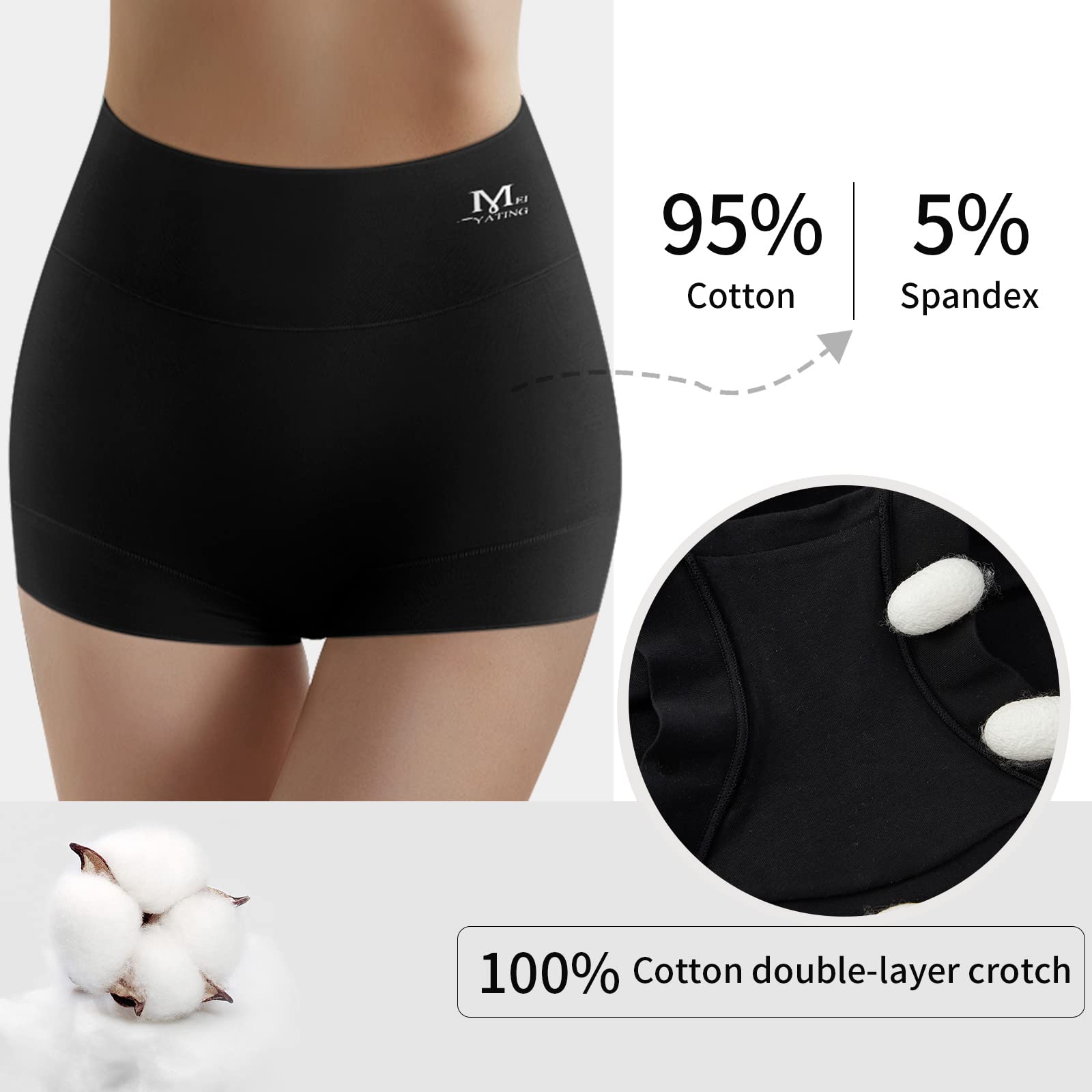 MEIYATING Women's High Waisted Cotton Boy Shorts Underwear - Soft Stretch Briefs 4 Pack - Comfortable Everyday Panties for Lounge, Sleep & Yoga