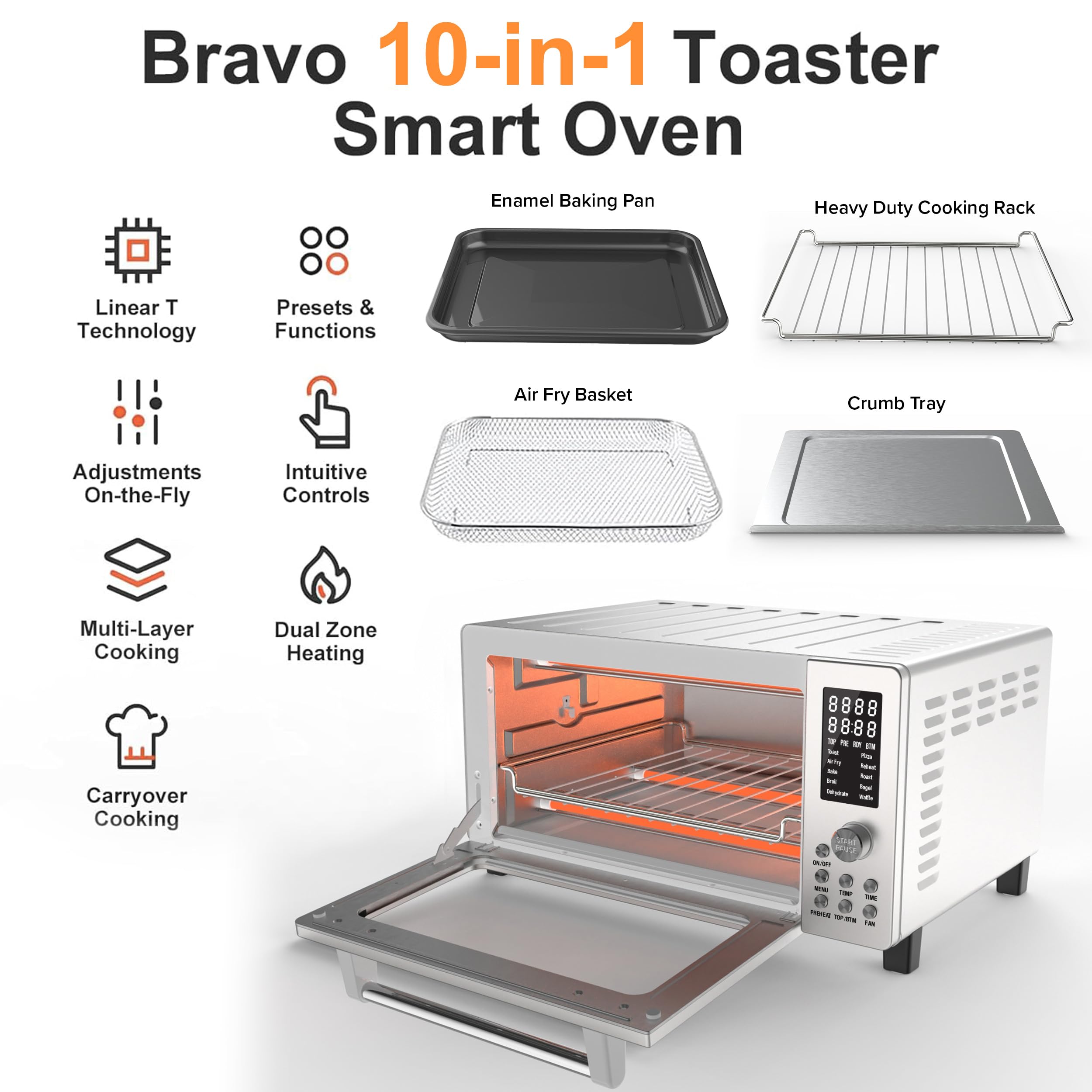Nuwave Bravo Pro Smart 21QT Air Fryer Toaster Oven Combo - 10-in-1 Convection Countertop Oven with Even & Quick Crisp Technology, 1800W, 50-450°F, Stainless Steel - Perfect for Baking, Roasting, Air Frying, and Family Meals