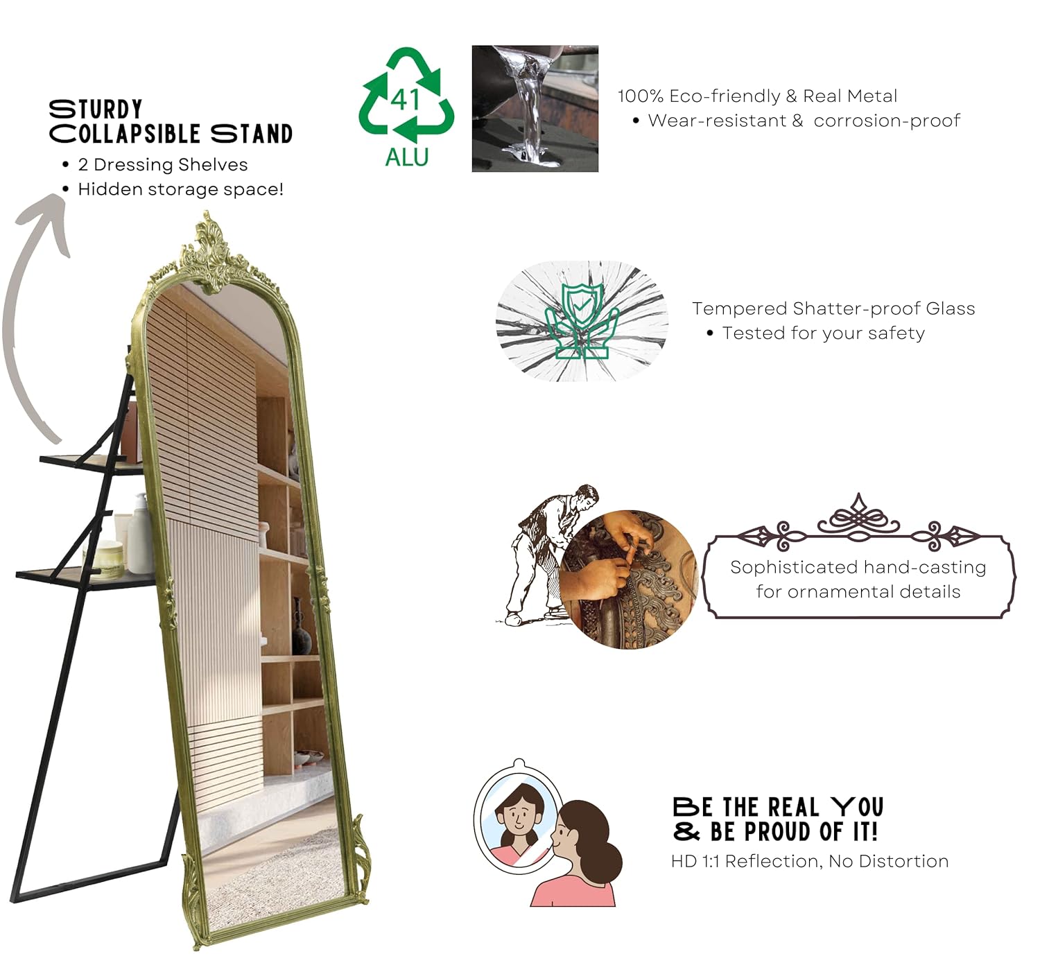 Victorian Arched Full Length Mirror - Hand Casted Premium Metal Frame 152cm - Elegant Home Decor for Bedroom, Living Room & Entryway