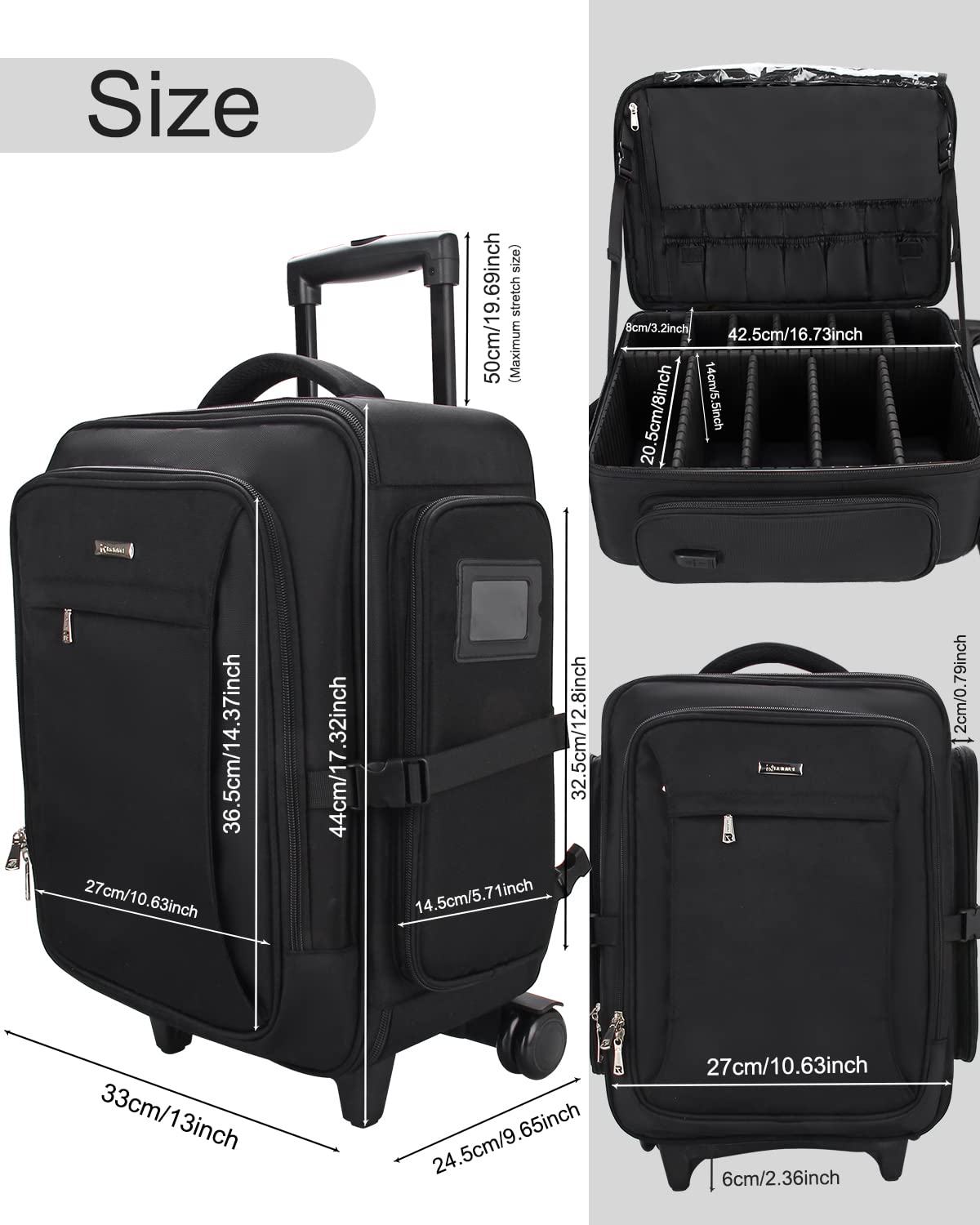Professional Rolling Makeup Case - Large Capacity Cosmetic Organizer with 360° Swivel Wheels & Adjustable Dividers | Perfect for Traveling Makeup Artists & Beauty Professionals | Ideal for Salon, Bridal, and On-Site Makeup Services