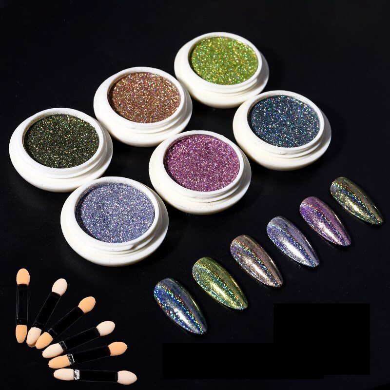 Holographic Glitter Chrome Powder Set - 6PCS Nail Art Pigment for Stunning Metallic & Chrome Nail Designs - Perfect for DIY Manicures, Nail Salons, and Special Occasions