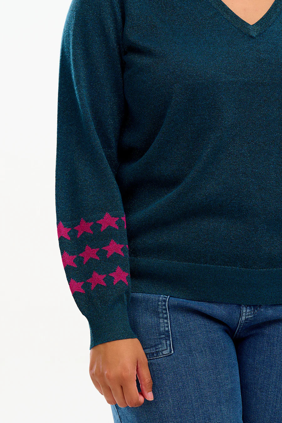 Marcella V Neck Jumper Sweater for Women - Teal & Starlight Color Block Pullover - Cozy Winter Knitwear for Casual Outfits & Office Wear