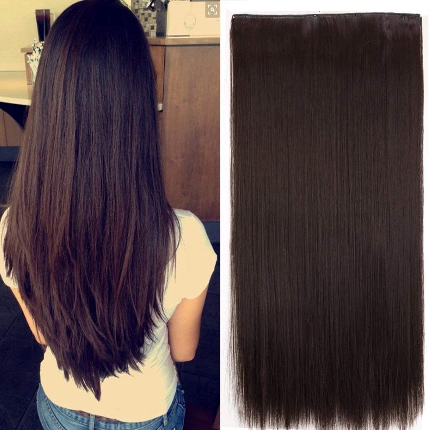 Flushia 24 Inch Straight Brown Clip-in Hair Extensions - 1 Piece High Temperature Synthetic Fiber Long Straight Hair Extensions for Daily Styling & Special Occasions