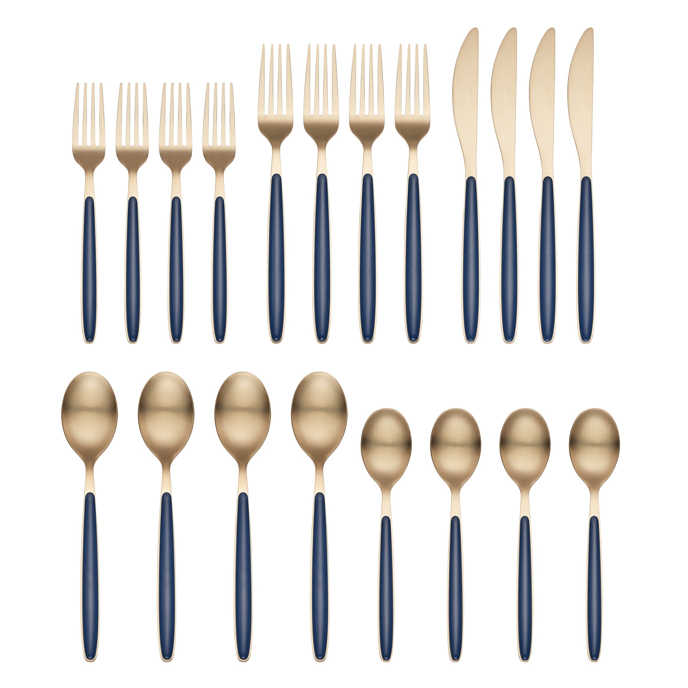 Kiernan 20-Piece Flatware Set - Champagne Satin Finish with Navy Blue Handles - Elegant Silverware for Dinner Parties, Weddings & Formal Dining