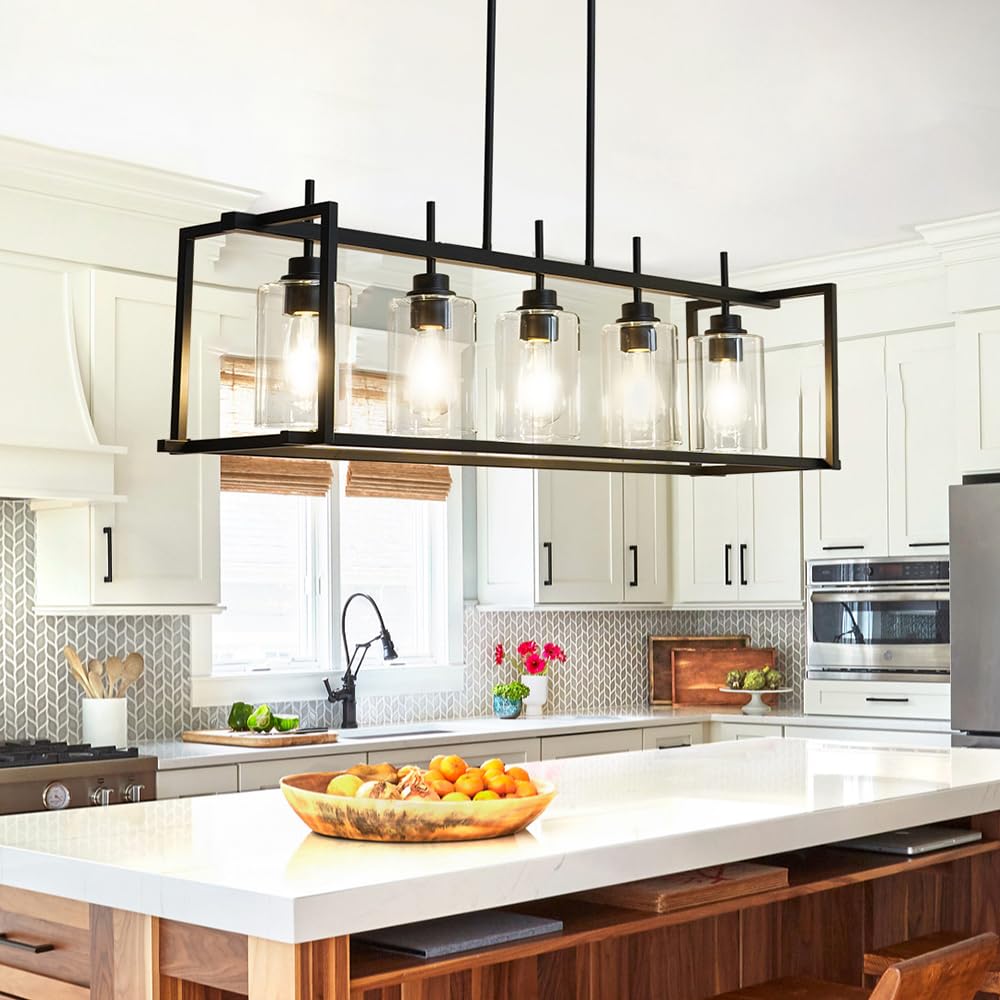 Farmhouse Chandelier - 5-Light Rectangular Rustic Black Pendant Lighting for Kitchen Island & Dining Room | Modern Farmhouse Ceiling Light Fixture Over Table | Perfect for Country Style Homes, Restaurants and Cabin Decor