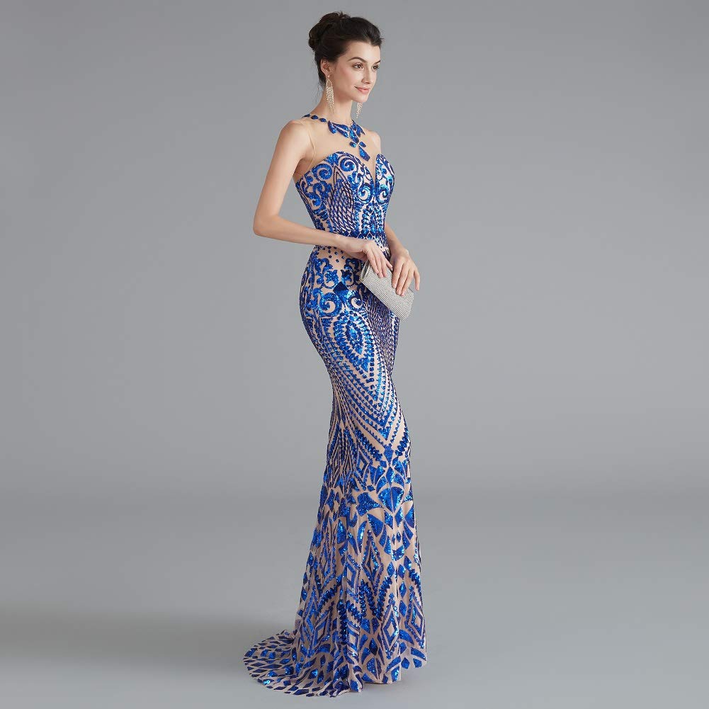 Sparkly Sequin Mermaid Evening Dress in Gold/Royal Blue - Elegant Trumpet Prom Gown for Women | Perfect for Parties, Galas, and Special Occasions