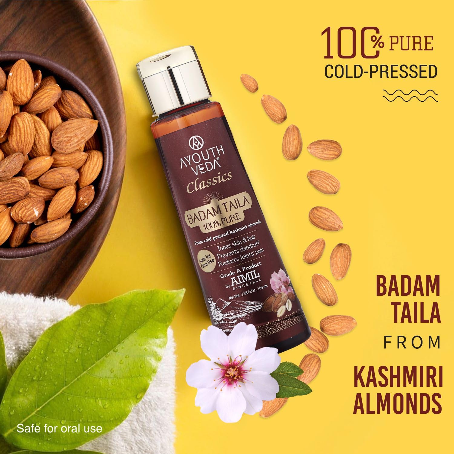 **Ayurvedic Badam Taila - 100% Pure Cold Pressed Kashmir Almond Oil for Skin & Hair Care | Natural Massage Oil to Prevent Dandruff & Nourish Scalp | Safe for Oral Use (100ml) | Perfect for Daily Hair Treatment & Relaxing Body Massage**