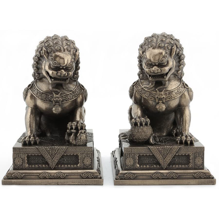 Chinese Guardian Lion Statues - Feng Shui Foo Dog Bookends for Home & Office Decor, Wealth & Protection | Elegant Resin Sculptures for Desk, Shelf, or Gift