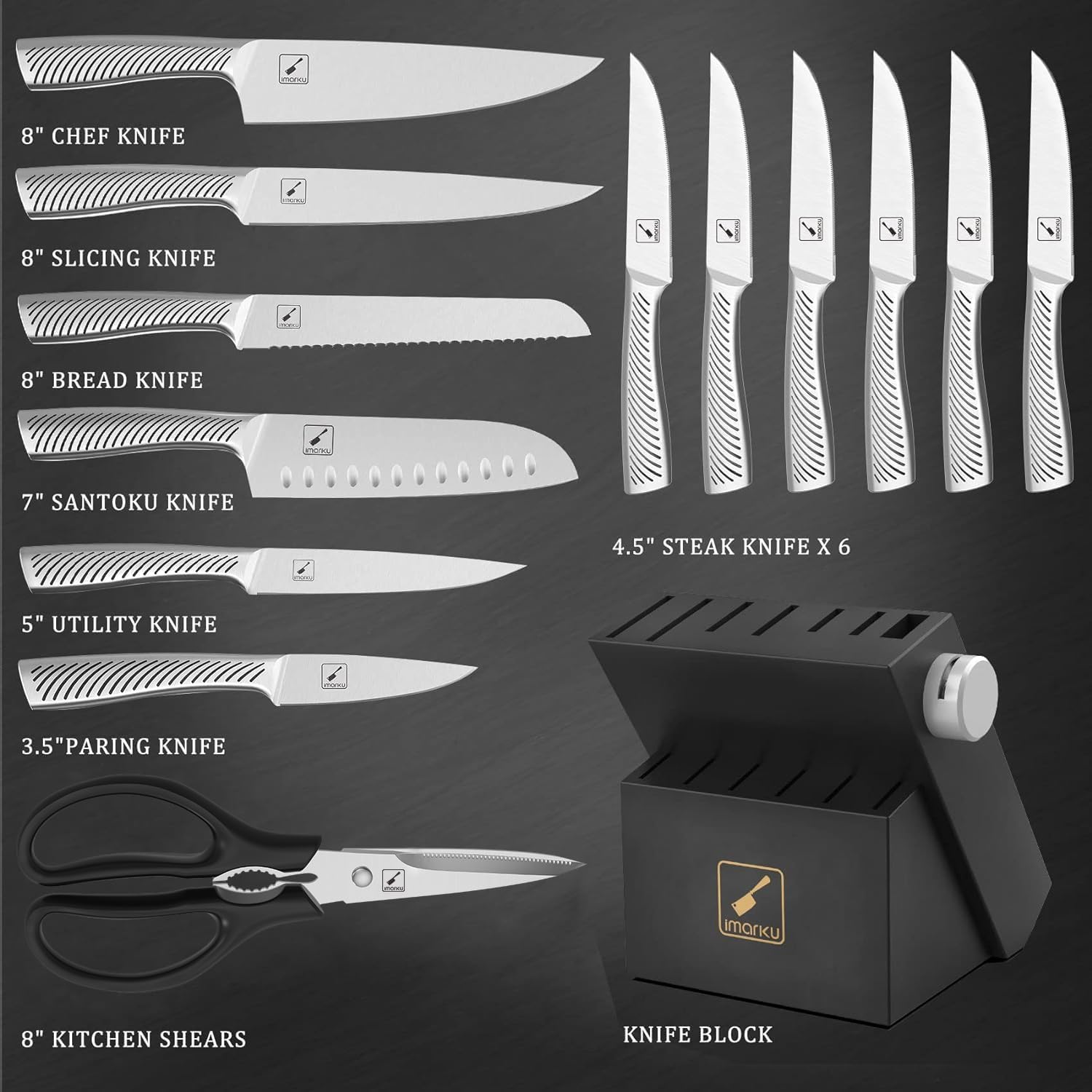 **Imarku 14-Piece High Carbon Stainless Steel Knife Set with Block - Professional Kitchen Knives for Chefs, Dishwasher Safe & Ergonomic Handle - Perfect for Cooking, Slicing, Dicing & Meal Prep**