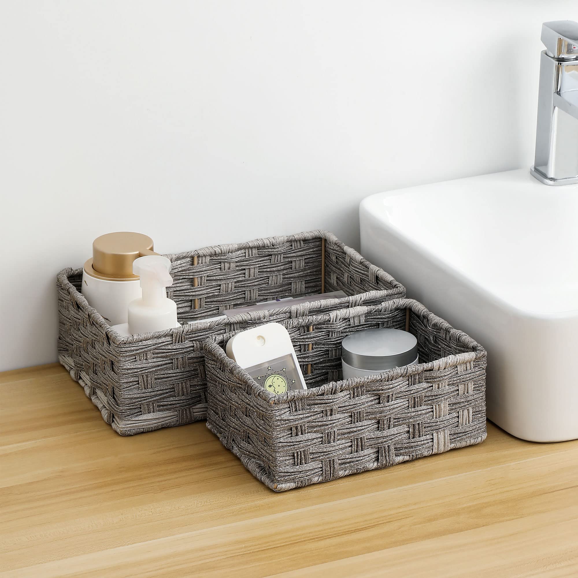 Woven Storage Basket - Bathroom Organizer for Toilet Paper, Towels & Essentials | Plastic Shelf Organizer for Pantry, Kitchen, Toys & Clothes | Space-Saving Home Decor Storage Solution for Small Spaces