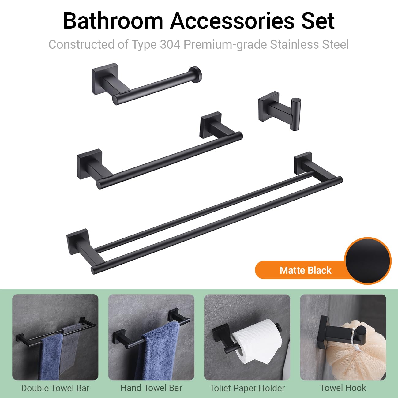 Premium Matte Black 4-Piece Bathroom Accessories Set - Stainless Steel Wall Mounted Towel Bar, Hand Towel Rack, Toilet Paper Holder & Robe Hooks (BS101S4-BK) - Modern Bathroom Organization for Homes, Hotels & Apartments