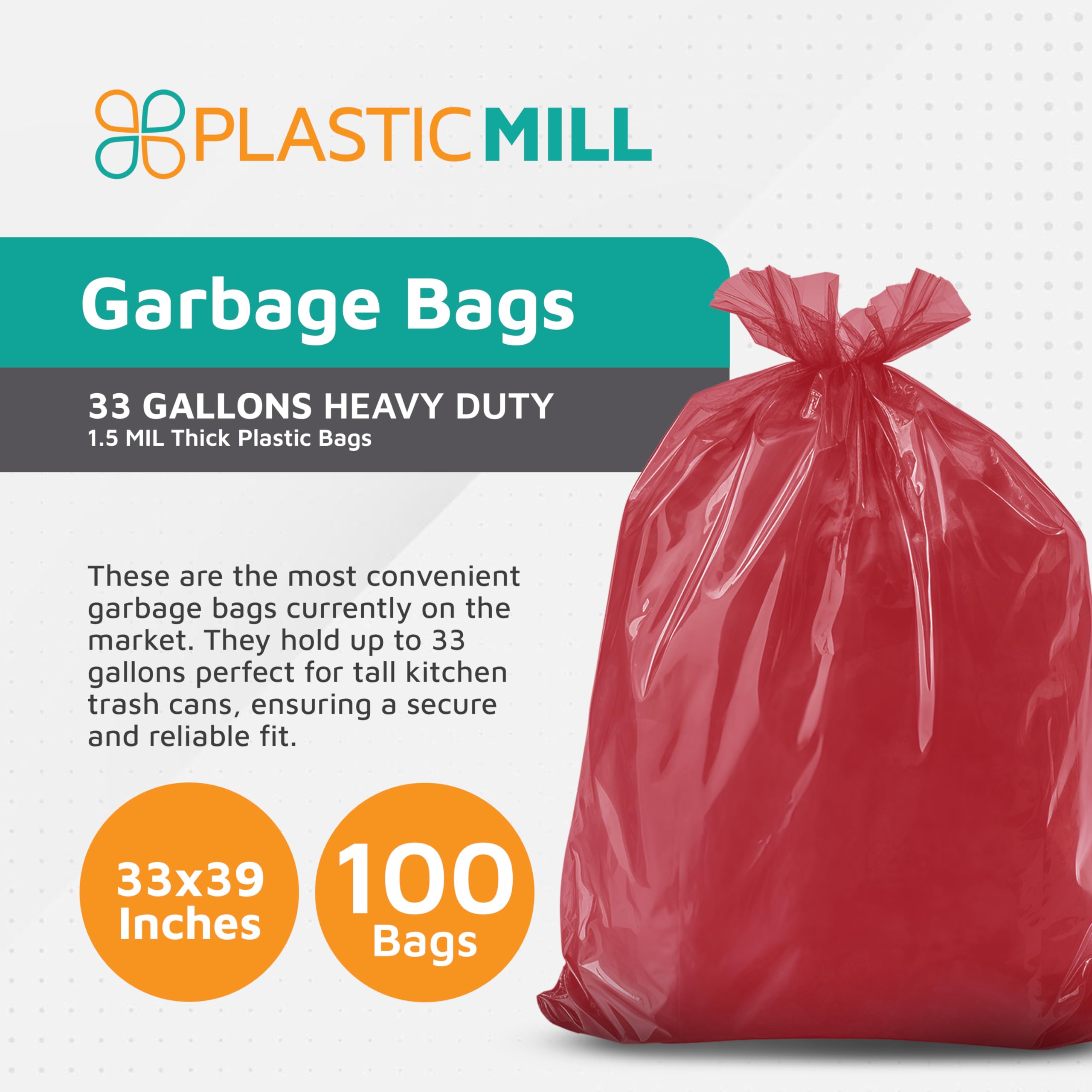 Heavy Duty 33-Gallon Trash Bags - 1.5 Mil Thick Large Kitchen Garbage Bags (33