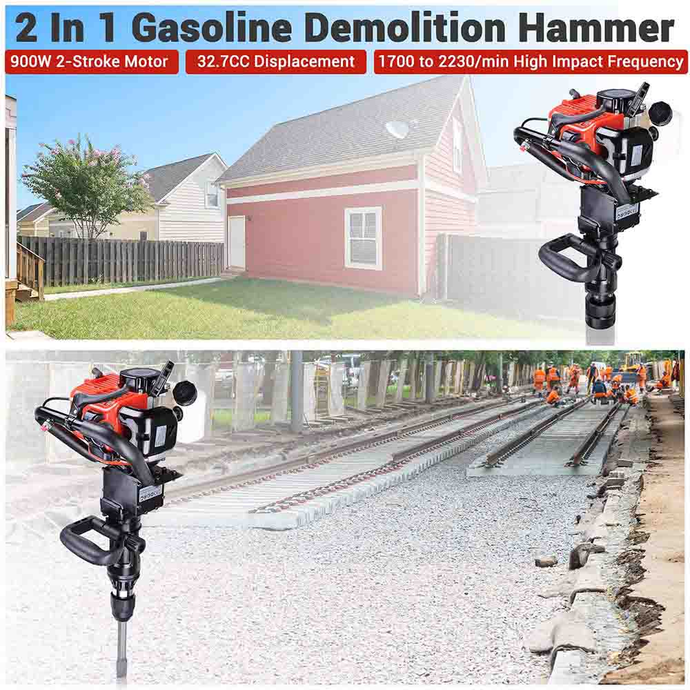 TheLAShop 32.7cc EPA Certified 2-in-1 Gasoline Jackhammer and T-Post Pile Driver Kit - Heavy Duty Construction & Fencing Tool for Landscaping, Demolition, and Farm Work