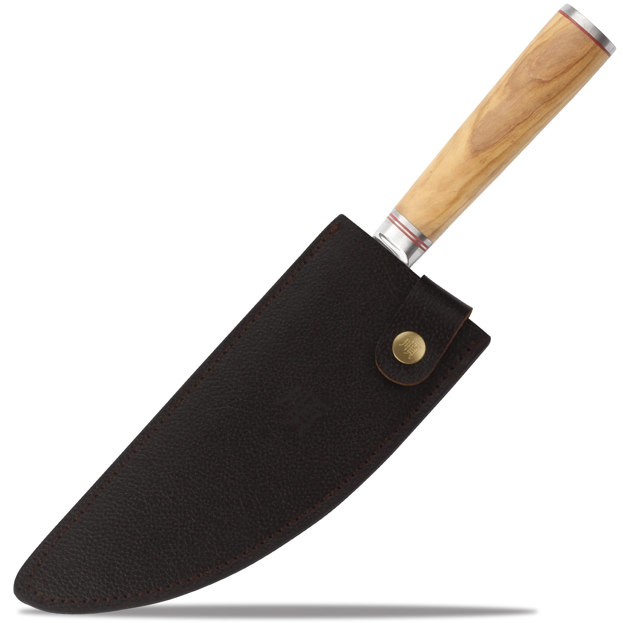 YOUSUNLONG 8'' Damascus High Carbon Steel Butcher Cleaver Knife with Italian Olive Wood Handle & Leather Sheath - Professional Meat Cleaver for Cutting Beef, Pork, BBQ - Perfect for Home Kitchens, Butcher Shops, and Outdoor Grilling