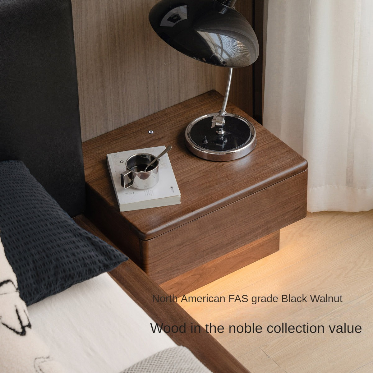 Premium Black Walnut Solid Wood Nightstand with LED Light Drawer - Stylish Bedside Table for Bedroom, Living Room, or Guest Room