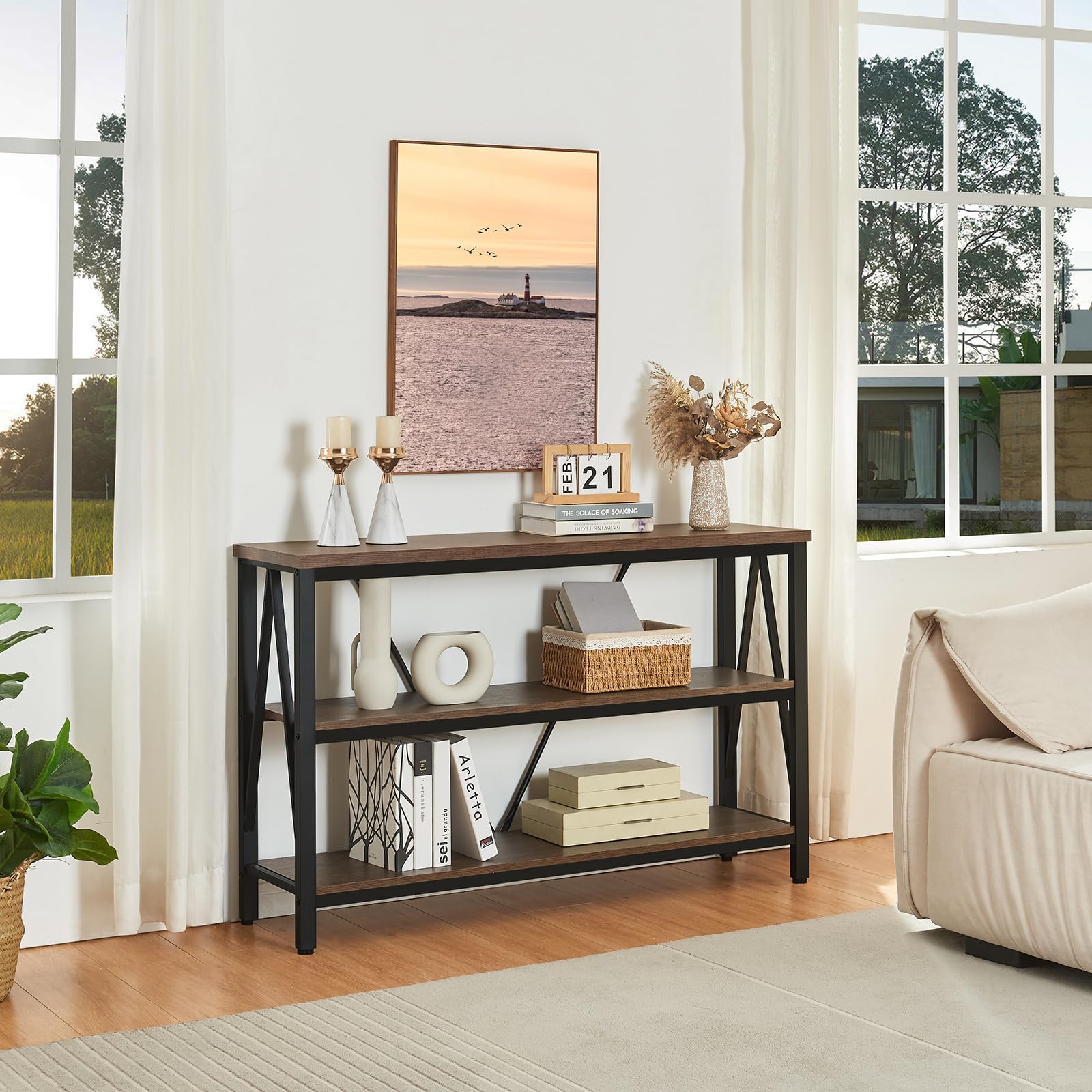 Rustic Industrial Entryway Console Table with 3-Tier Open Shelves & Wide Storage - 47 Inch Brown Foyer Table for Living Room, Hallway & Entry Decor | Perfect for Small Spaces & Home Organization
