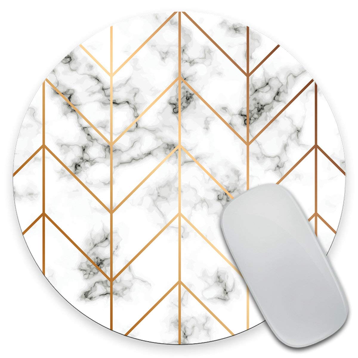 Premium Marble Texture Round Mouse Pad with Golden Geometric Lines - Non-Slip Black & White Marble Surface Desk Mat for Gaming, Office & Home Workspace