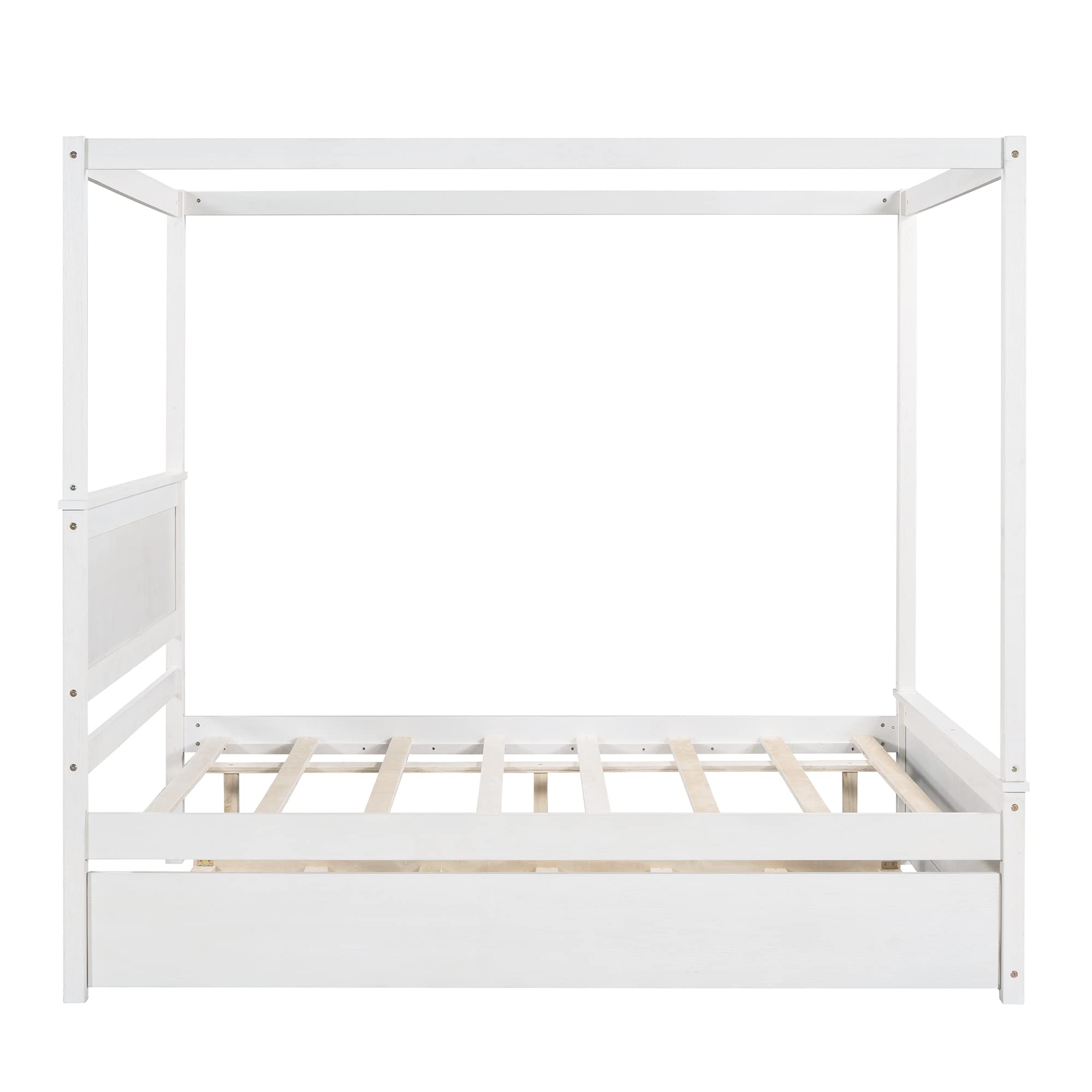 KLMM Full Size Modern Wood Canopy Bed with Trundle - Platform Bed Frame with Support Slats, No Box Spring Required (White Finish + Canopy) - Perfect for Guest Rooms, Kids' Bedrooms & Space-Saving Small Apartments