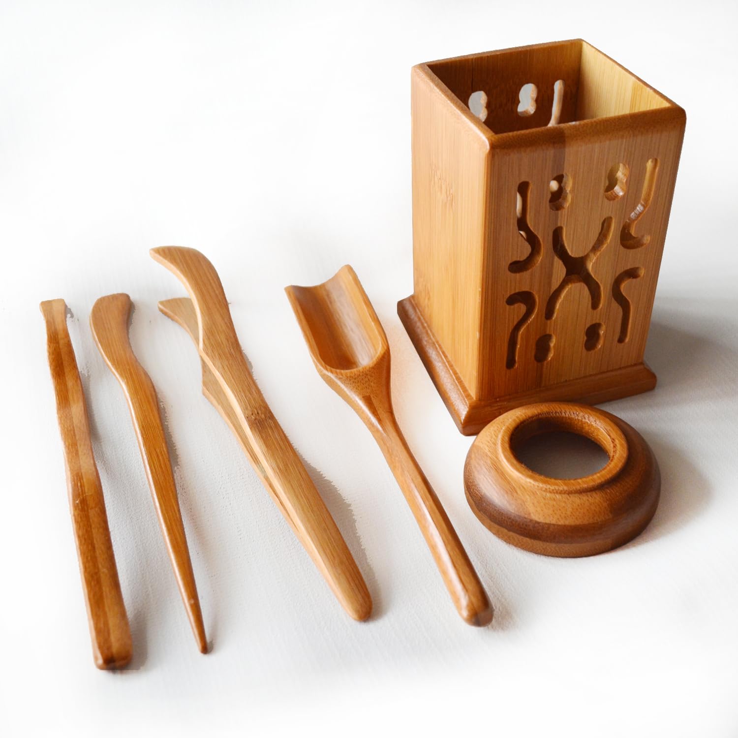 Premium Bamboo GongFu Tea Set - Tea Scoop, Tongs, Tea Needle & Funnel in Square Canister | Traditional Chinese Tea Ceremony Tools for Home & Office Tea Brewing
