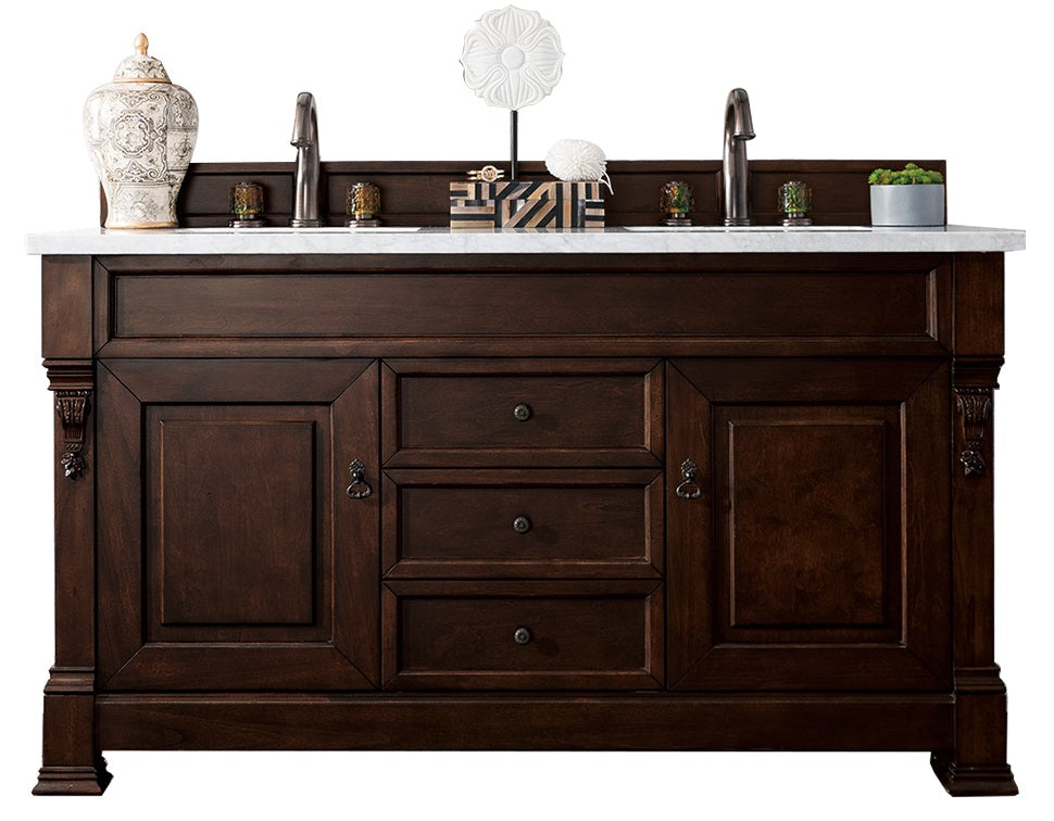 Brookfield 60-Inch Double Bathroom Vanity with Burnished Mahogany Cabinet & 3CM Arctic Fall Solid Surface Countertop - Perfect for Master Bathroom Renovation and Luxury Home Upgrade