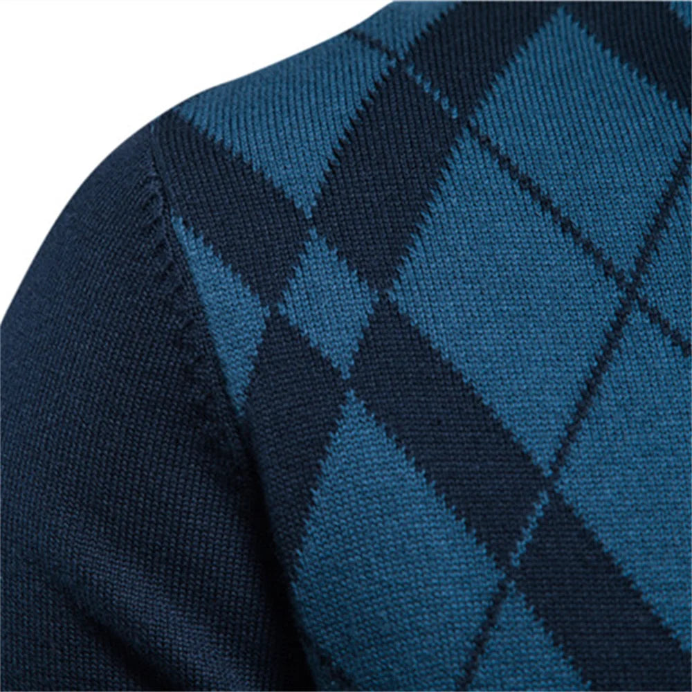 Argyle Men's Cotton Mock Neck Zipper Patchwork Pullover Sweater - Winter Warm Fashion Knitwear for Men | Casual Office Wear & Outdoor Activities